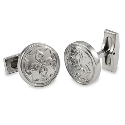 Round Stainless Steel Fleur De Lis Imprint Cuff Links