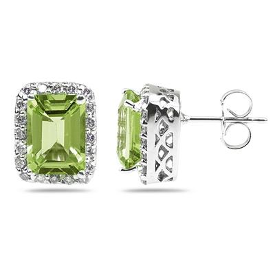 3.75ctw Emerald Cut Peridot and Diamond Earrings in 14K White Gold