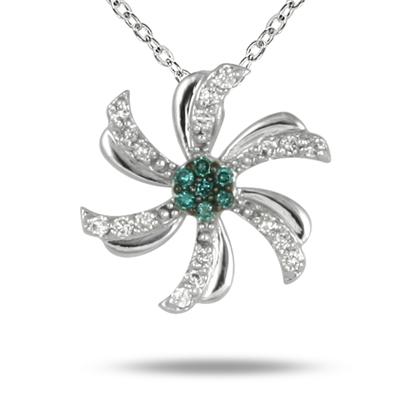Blue and White Diamond Flower Pendant in 10K White Gold