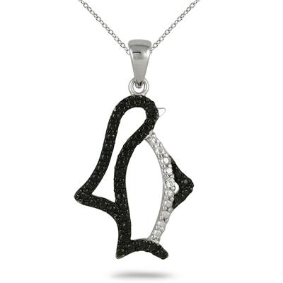 Black and White Diamond Penguin Pendant in .925 Sterling Silver