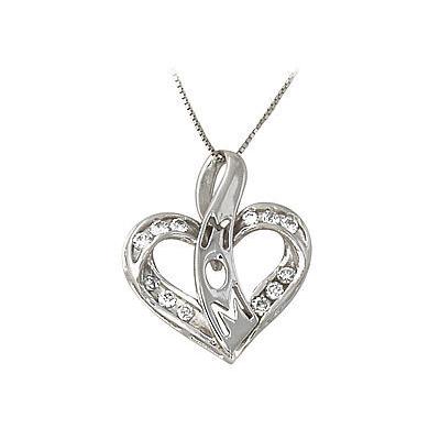 Diamond Heart Ribbon Laced MOM Pendant 14k White Gold