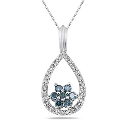 Raindrop White & Blue Diamond Flower Pendant in White Gold