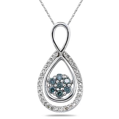 1/3 Carat Blue and White Diamond Flower Drop Pendant in 10K White Gold