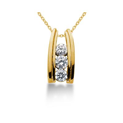 1.00CTW Bar Set Diamond Three Stone Pendant in 18k Yellow Gold