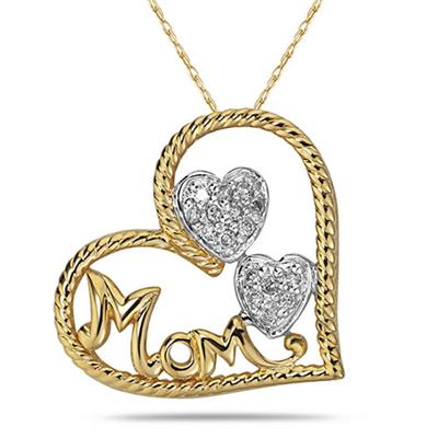 Diamond Heart MOM Pendant in 14K Yellow Gold
