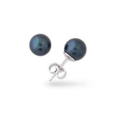6 - 6.5mm Natural Cultured Round Black Cultured Pearl Stud Earrings 14K White Gold