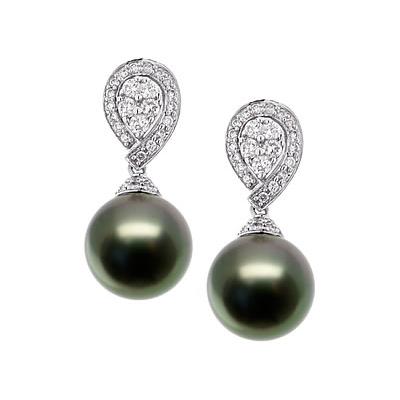 Natural Black Tahitian Drop Pearl & Diamond Earrings in 18kt White Gold