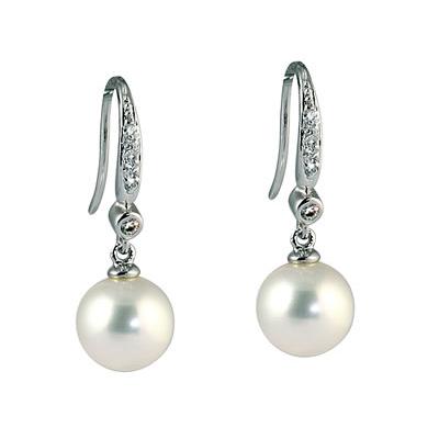 Natural Freshwater Round Pearl & Diamond Drop Earrings in 14K White Gold