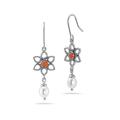 Natural Freshwater Cultured Pearl and Coral Drop Earrings