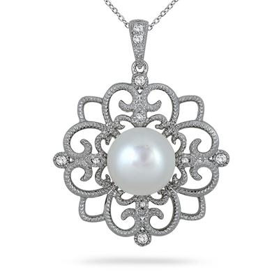 10mm Freshwater White Cultured Pearl and Topaz Snowflake Pendant in .925 Sterling Silver