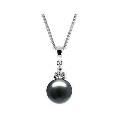Natural Black Tahitian Round Pearl & Diamond Pendant in 14kt White Gold