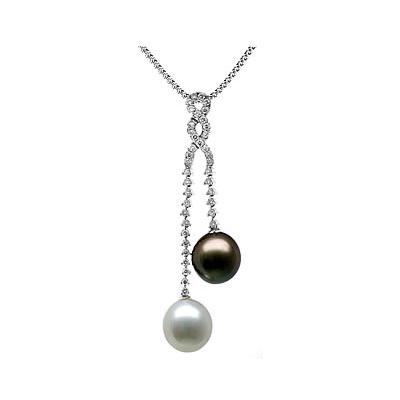 Natural South Sea & Black Tahitian Drop Pearl & Diamond Pendant in 18kt White Gold