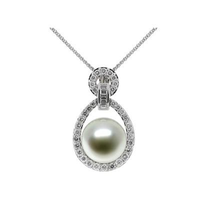 Natural South Sea Button Pearl & Diamond Pendant in 18kt White Gold