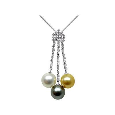 Natural South Sea, Golden South Sea and Black Tahitian Drop Pearl & Diamond Pendant (18kt White Gold)