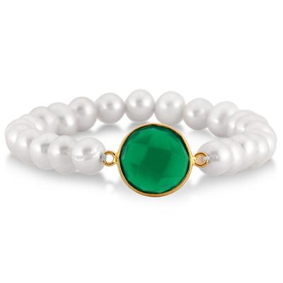 7-8MM Freshwater White Cultured Pearl and Onyx Emerald Bracelet in 18K Yellow Gold Plated Sterling Silver