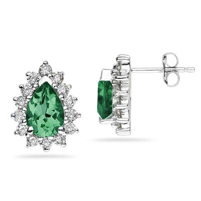 7X5mm Pear Shaped Emerald and Diamond Flower Earrings in 14k White Gold