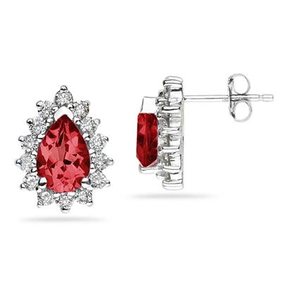 7X5mm Pear Shaped Ruby and Diamond Flower Earrings in 14k White Gold