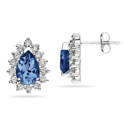 7X5mm Pear Shaped Sapphire and Diamond Flower Earrings in 14k White Gold