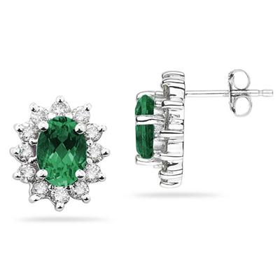 7X5mm Oval Shaped Emerald and Diamond Flower Earrings in 14k White Gold