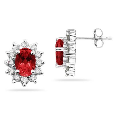 7X5mm Oval Shaped Ruby and Diamond Flower Earrings in 14k White Gold