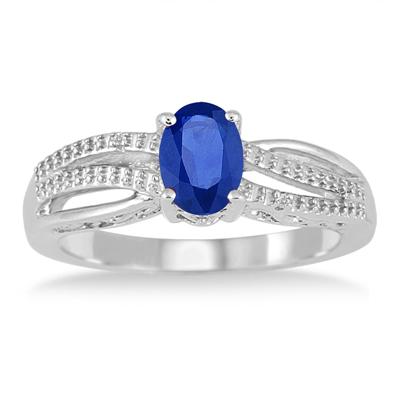 7x5mm Created Sapphire and Diamond Ring in .925 Sterling Silver
