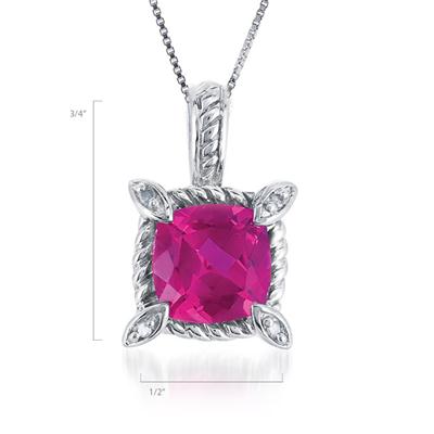 2.90 Carat Cushion Cut Created Ruby and Diamond Pendant in .925 Sterling Silver