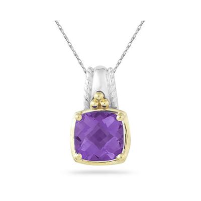 Cushion Cut Amethyst Pendant in 14K Yellow Gold And Silver