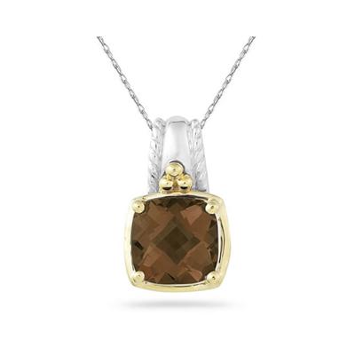 Cushion Cut Smokey Quartz Pendant in 14K Yellow Gold And Silver