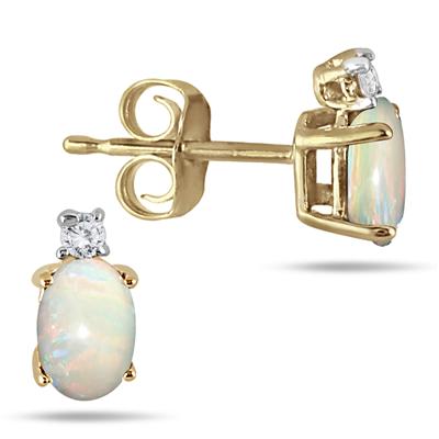 Oval Opal Drop and Diamond Earrings in 14K Yellow Gold