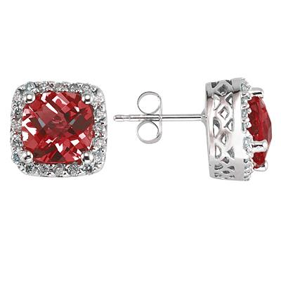 14K White Gold Cushion Cut Garnet Earrings with Diamonds