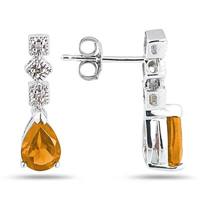 Citrine and Diamond Antique Earrings in 14K White Gold