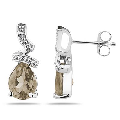 Pear Shaped Smokey Quartz and Diamond Earrings in White Gold