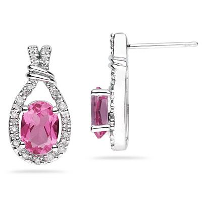 Pink Topaz & Diamonds Oval Shape Earrings in White Gold