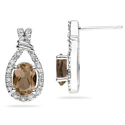 Smokey Quartz & Diamonds Oval Shape Earrings in White Gold