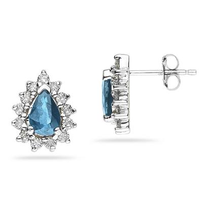 6X4mm Pear Shaped Blue Topaz and Diamond Flower Earrings in 14k White Gold