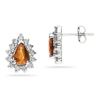 6X4mm Pear Shaped Citrine and Diamond Flower Earrings in 14k White Gold