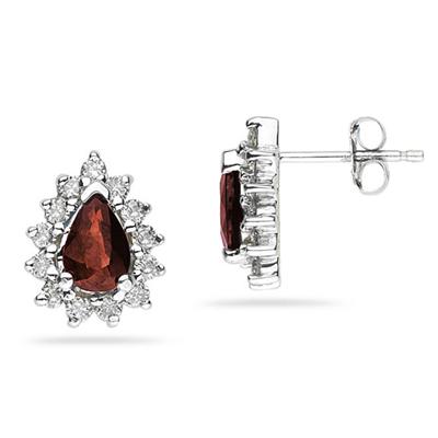 6X4mm Pear Shaped Garnet and Diamond Flower Earrings in 14k White Gold