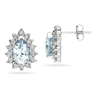 7X5mm Pear Shaped Aquamarine and Diamond Flower Earrings in 14k White Gold