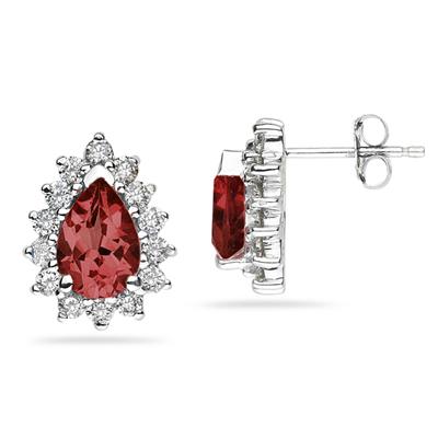 7X5mm Pear Shaped Garnet and Diamond Flower Earrings in 14k White Gold