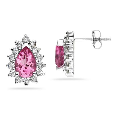 7X5mm Pear Shaped Pink Topaz and Diamond Flower Earrings in 14k White Gold