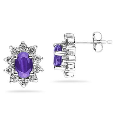 6X4mm Oval Shaped Amethyst and Diamond Flower Earrings in 14k White Gold