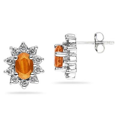 6X4mm Oval Shaped Citrine and Diamond Flower Earrings in 14k White Gold