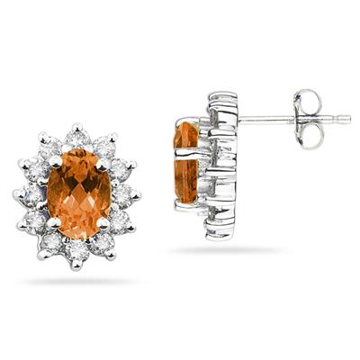 7X5mm Oval Shaped Citrine and Diamond Flower Earrings in 14k White Gold