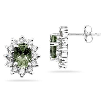 Oval Shape Green Amethyst & Diamond Flower Earring