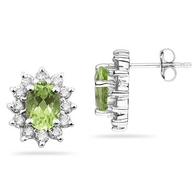 7X5mm Oval Shaped Peridot and Diamond Flower Earrings in 14k White Gold