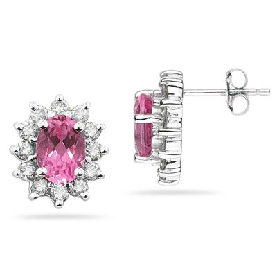7X5mm Oval Shaped Pink Topaz and Diamond Flower Earrings in 14k White Gold
