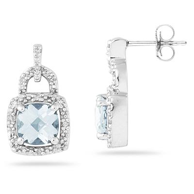 Cushion Cut Aquamarine and Diamond Earrings 10K White Gold