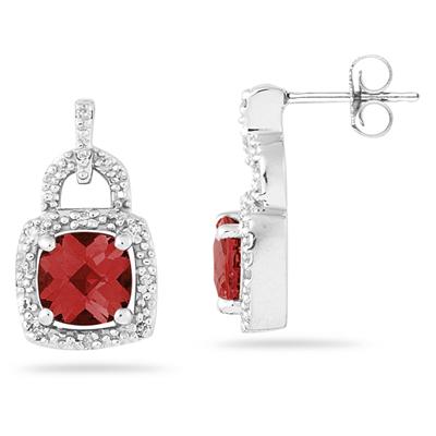 Cushion Cut Garnet and Diamond Earrings 10K White Gold
