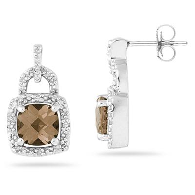 Cushion Cut Smokey Quartz and Diamond Earrings 10K White Gold
