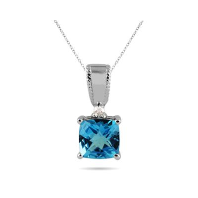 Cushion Cut Swiss Blue Topaz and White Sapphire Pendant in .925 Sterling Silver